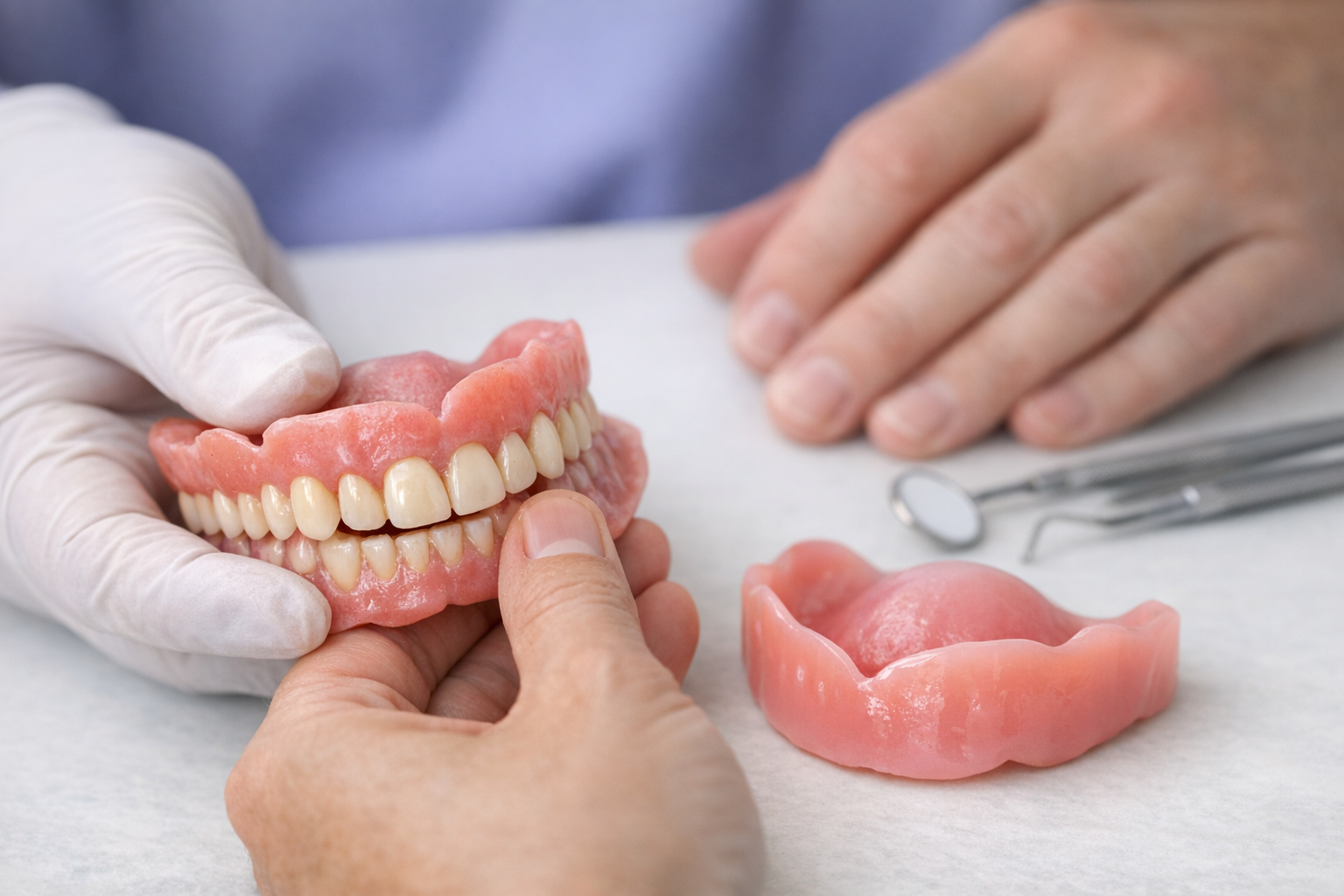 Assessing Whether an Existing Denture Can Be Adapted A worn removable denture is examined beside a new denture base to compare adaptation and replacement options.