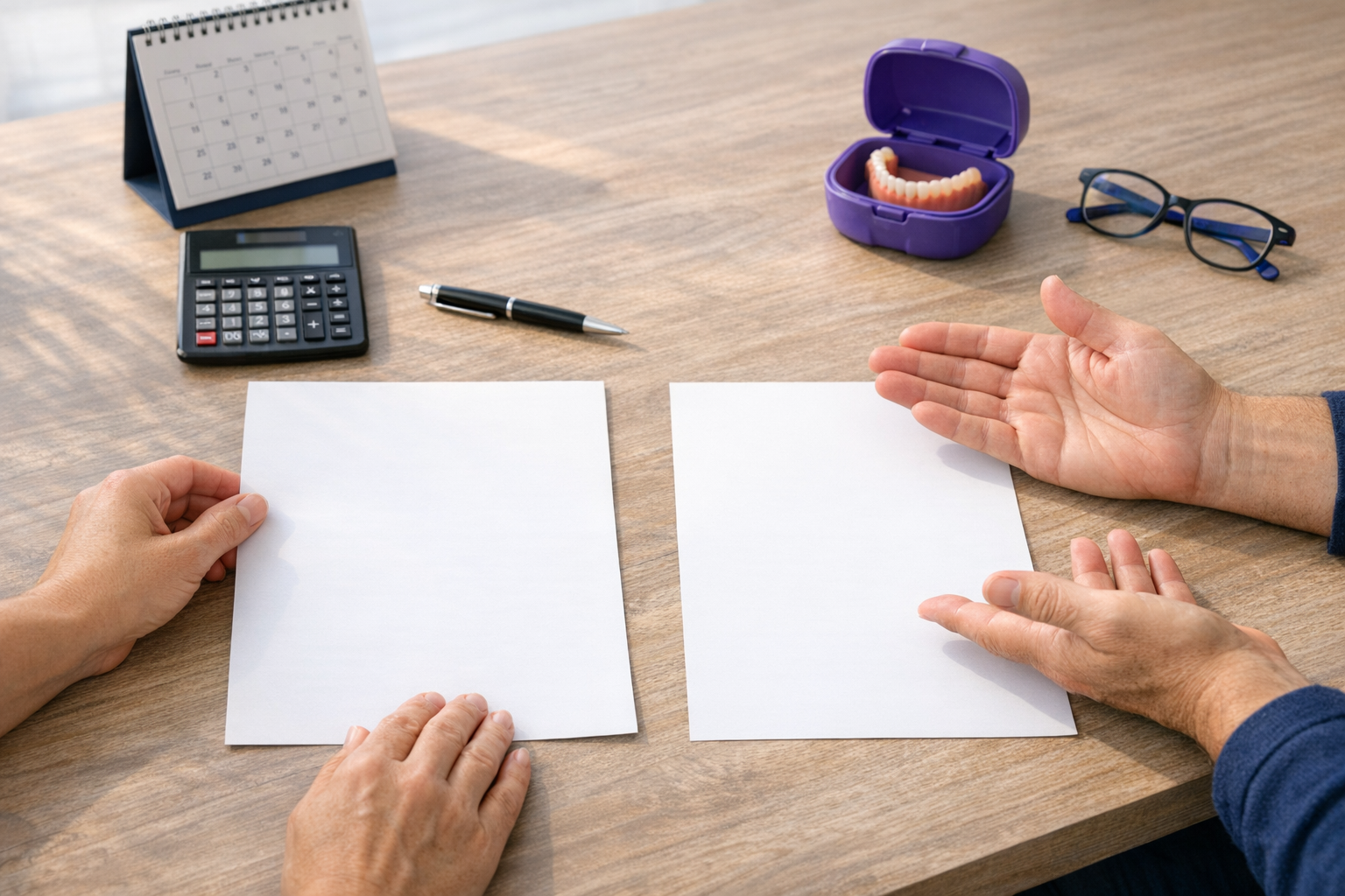 Comparing the Full Denture Treatment Commitment Patient organizes blank quote papers, calculator, calendar, and denture case while comparing two treatment options at a table.