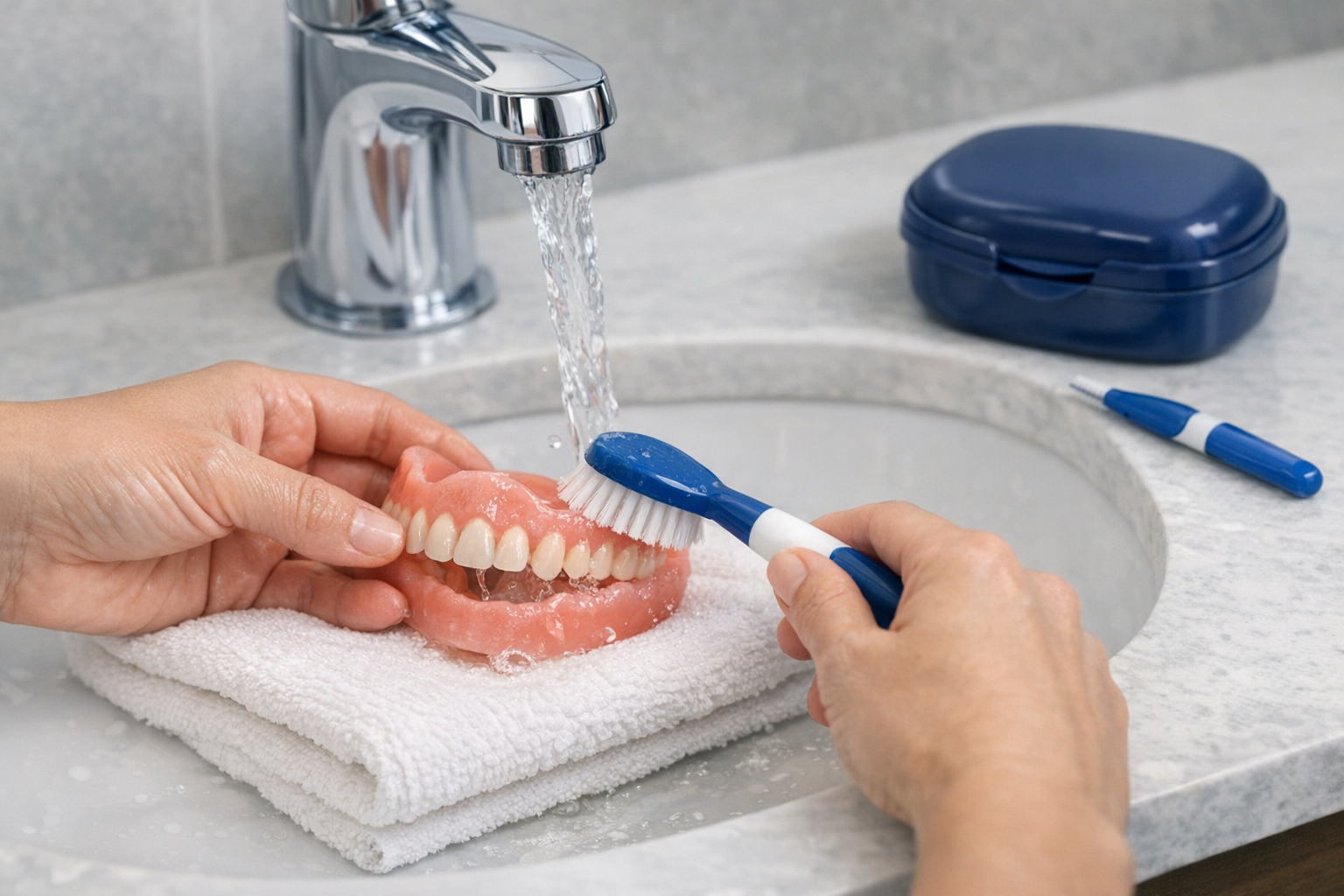 A Careful Daily Denture Cleaning Routine Hands gently clean a removable denture over a sink with a soft brush, towel, water, and storage case nearby.