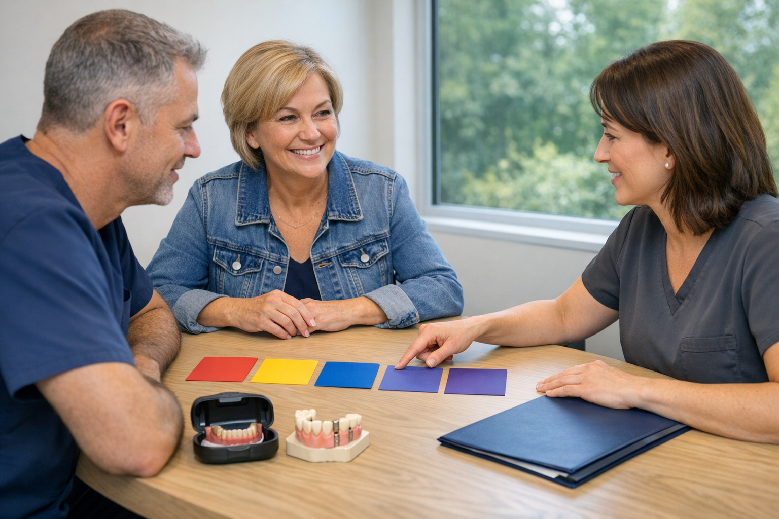 Clarifying Provider Handoffs and Follow-Up Patient and dental professionals organize a staged care plan and provider handoffs around a denture case.