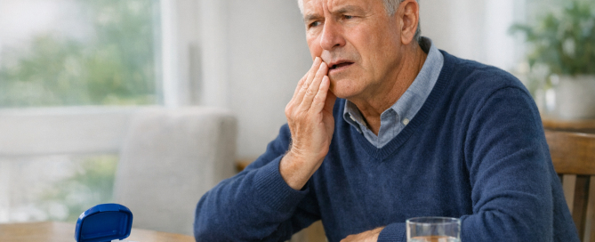 Older adult pauses during a meal after a removable denture shifts, with a denture case and mirror nearby in a calm home setting.