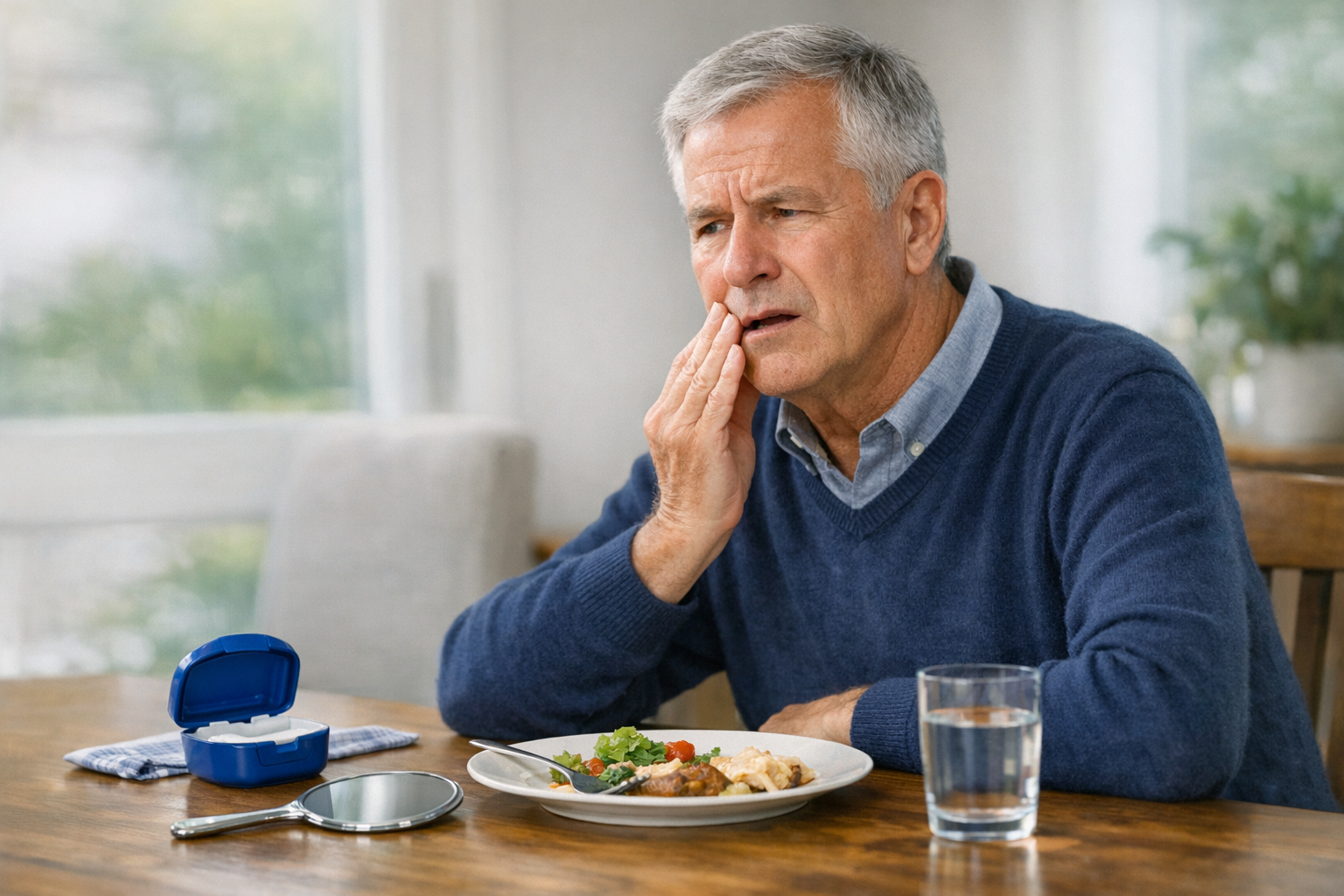 When Dentures Move During Everyday Moments Older adult pauses during a meal after a removable denture shifts, with a denture case and mirror nearby in a calm home setting.