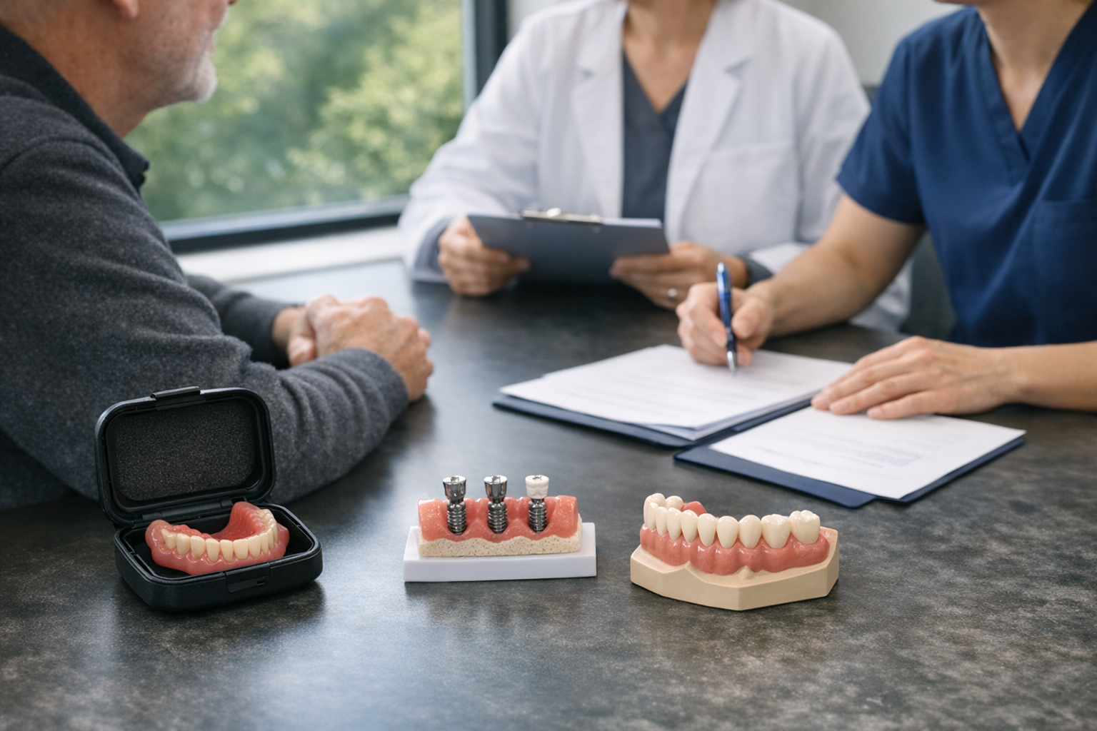 Coordinating Care for Implant Denture Treatment Patient reviews removable and fixed dental options with care providers while discussing treatment responsibilities.