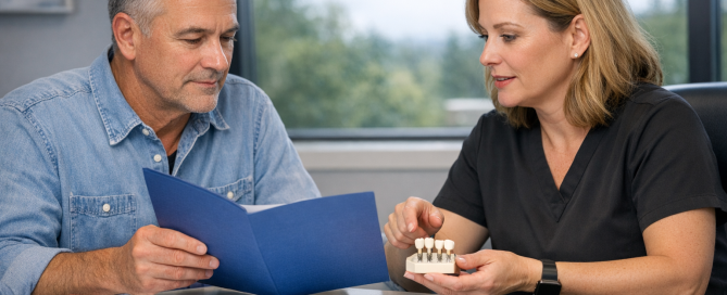 Patient and dental professional review denture and implant planning materials during a calm consultation.