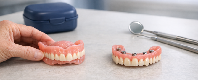 Hands compare a regular denture with an implant-retained overdenture during a calm consultation assessment.