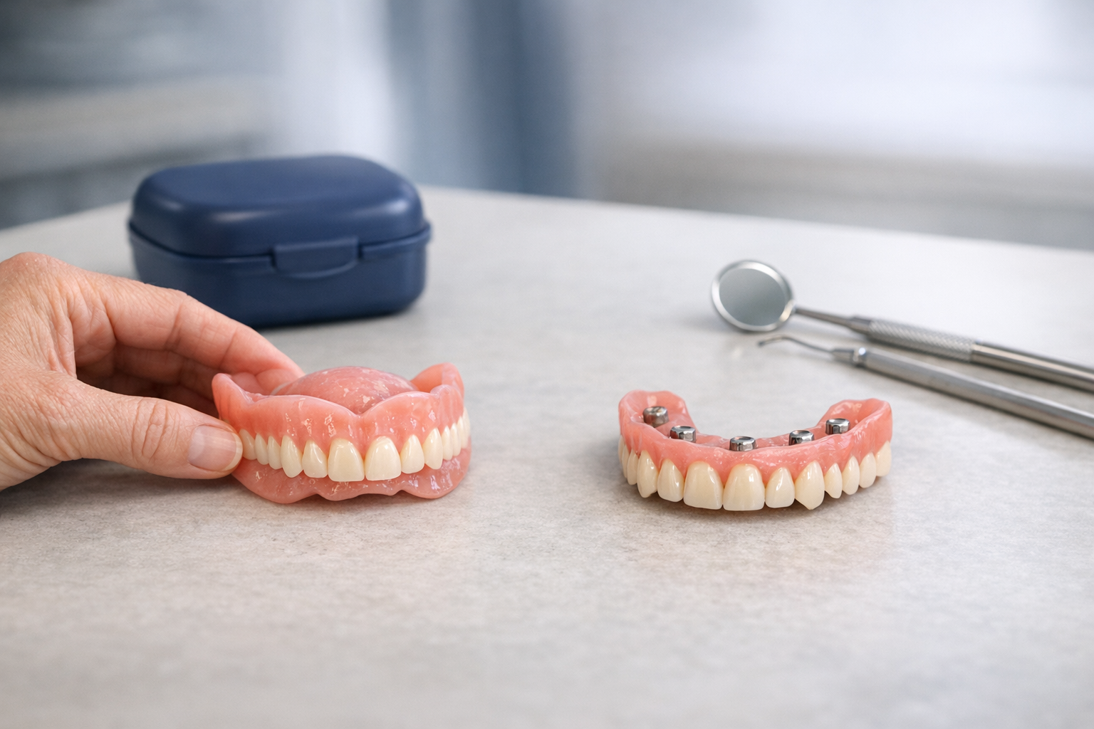 Choosing Between a Regular and Snap-In Denture Hands compare a regular denture with an implant-retained overdenture during a calm consultation assessment.