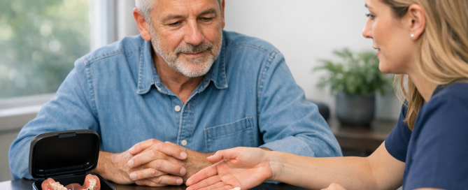 Patient compares a removable overdenture and fixed implant restoration during a calm dental consultation.