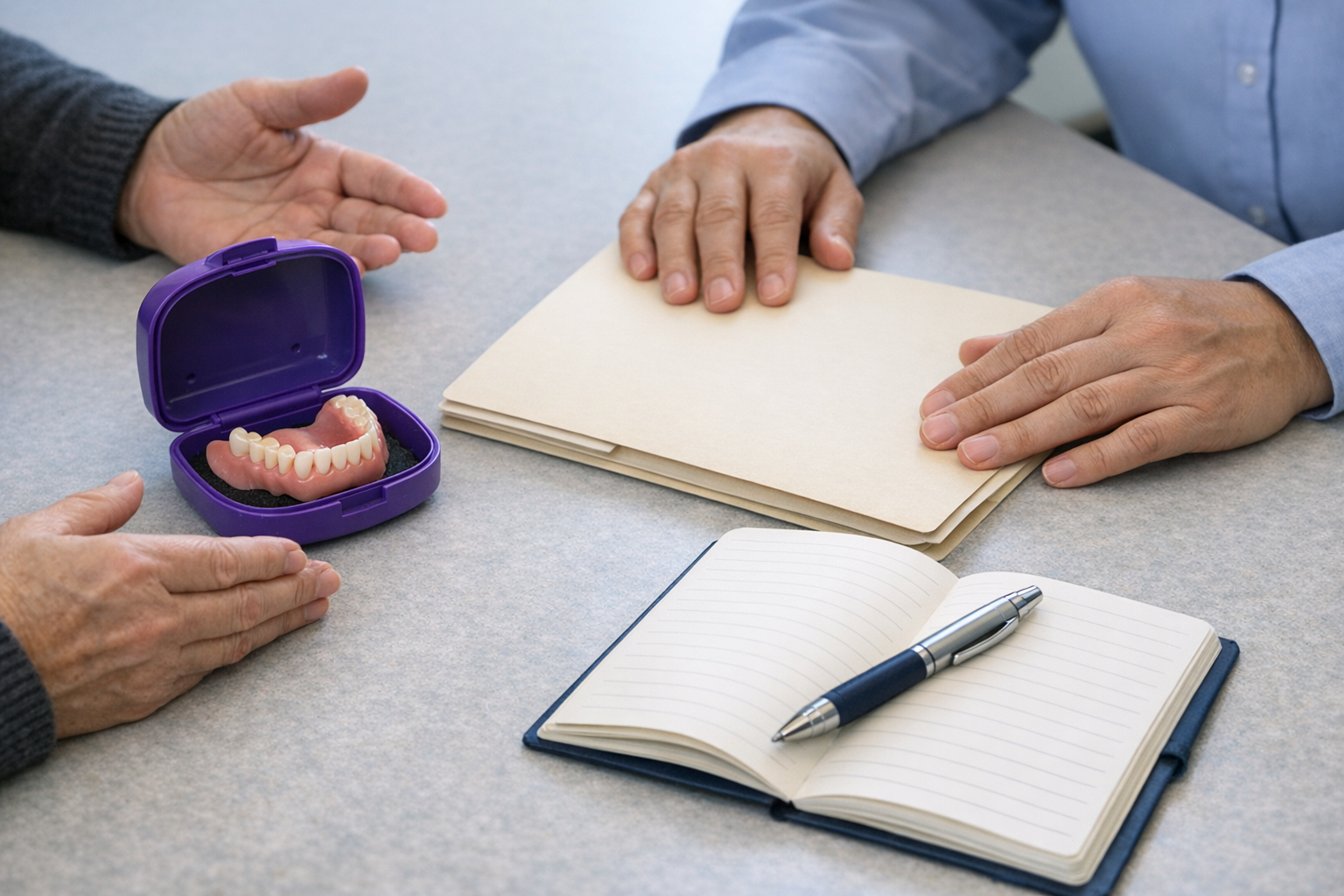 Preparing for Denture Design and Follow-Up A denture case, closed records folder and blank notebook are arranged for a coordinated treatment consultation.